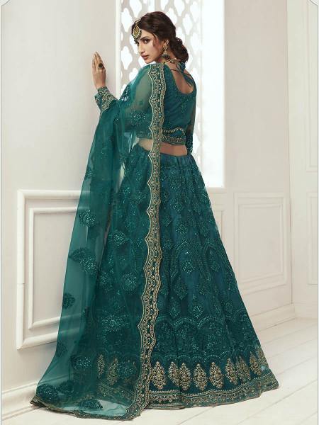 Myra Rama Green Heavy Embroidered Net Bridal Lehenga | Grocsy