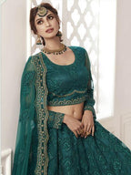 Myra Rama Green Heavy Embroidered Net Bridal Lehenga | Grocsy