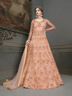 Myra Peach Soft Net Embroidered Handwork Gown Style Suit | Grocsy