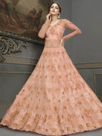 Myra Peach Soft Net Embroidered Handwork Gown Style Suit | Grocsy