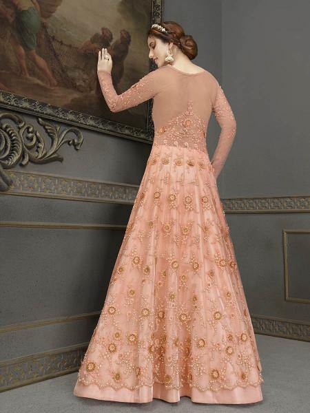 Myra Peach Soft Net Embroidered Handwork Gown Style Suit | Grocsy