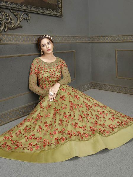 Myra Green Soft Net Embroidered Handwork Gown Style Suit | Grocsy
