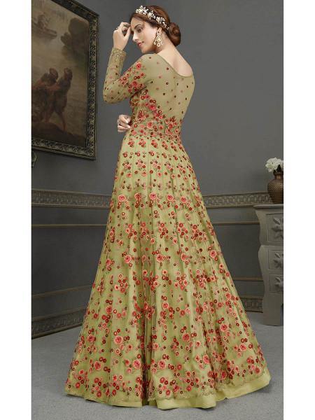 Myra Green Soft Net Embroidered Handwork Gown Style Suit | Grocsy