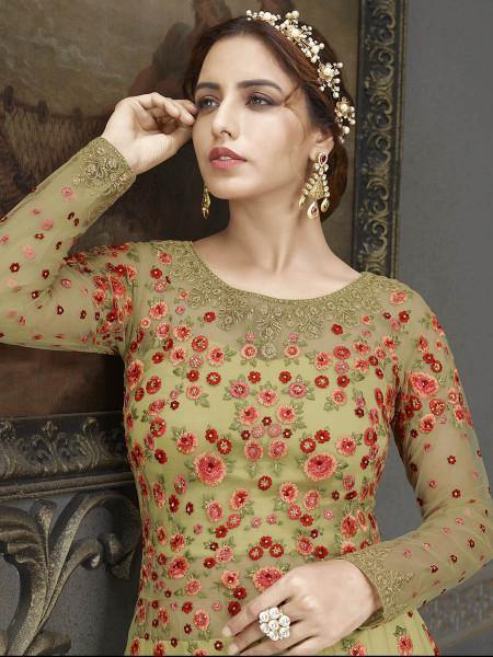 Myra Green Soft Net Embroidered Handwork Gown Style Suit | Grocsy