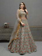Myra Grey Soft Net Embroidered Handwork Gown Style Suit | Grocsy