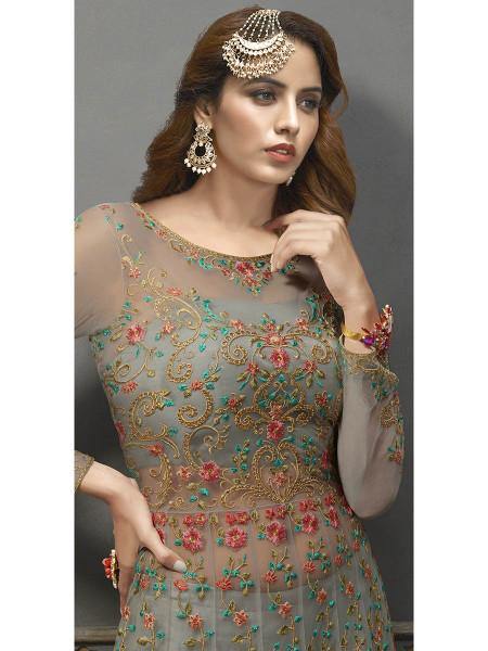 Myra Grey Soft Net Embroidered Handwork Gown Style Suit | Grocsy