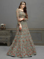 Myra Grey Soft Net Embroidered Handwork Gown Style Suit | Grocsy