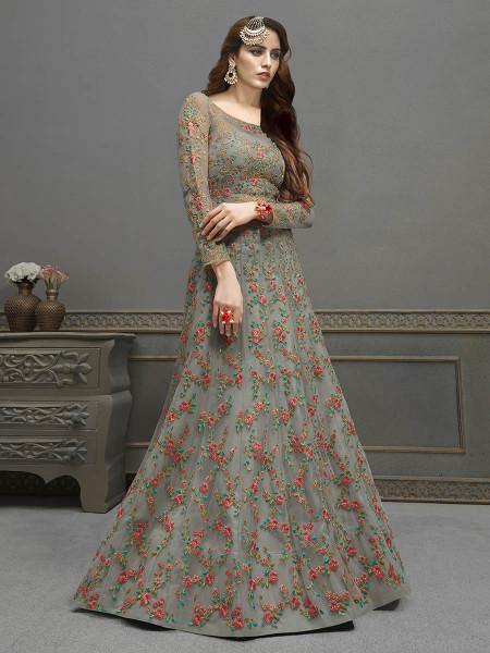 Myra Grey Soft Net Embroidered Handwork Gown Style Suit | Grocsy