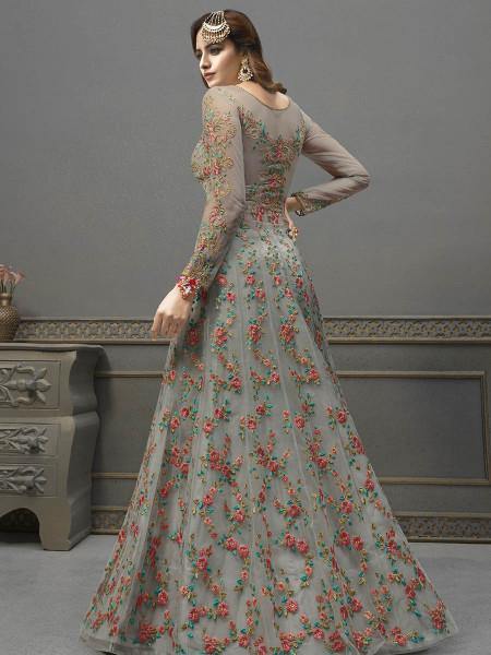 Myra Grey Soft Net Embroidered Handwork Gown Style Suit | Grocsy