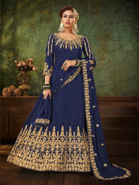 Myra Navy Blue Georgette Embroidered Gown | Grocsy