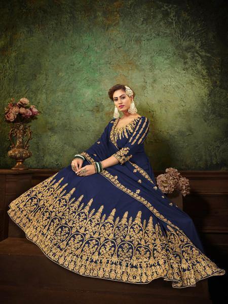 Myra Navy Blue Georgette Embroidered Gown | Grocsy