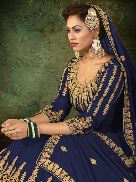 Myra Navy Blue Georgette Embroidered Gown | Grocsy