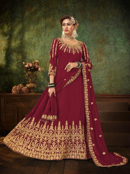 Myra Maroon Georgette Embroidered Gown | Grocsy