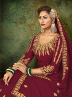 Myra Maroon Georgette Embroidered Gown | Grocsy