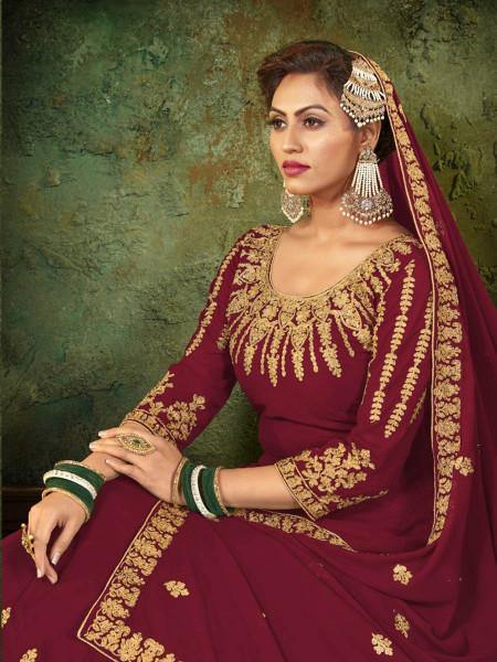 Myra Maroon Georgette Embroidered Gown | Grocsy