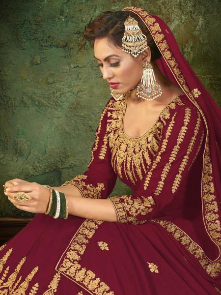 Myra Maroon Georgette Embroidered Gown | Grocsy