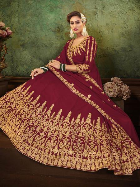 Myra Maroon Georgette Embroidered Gown | Grocsy