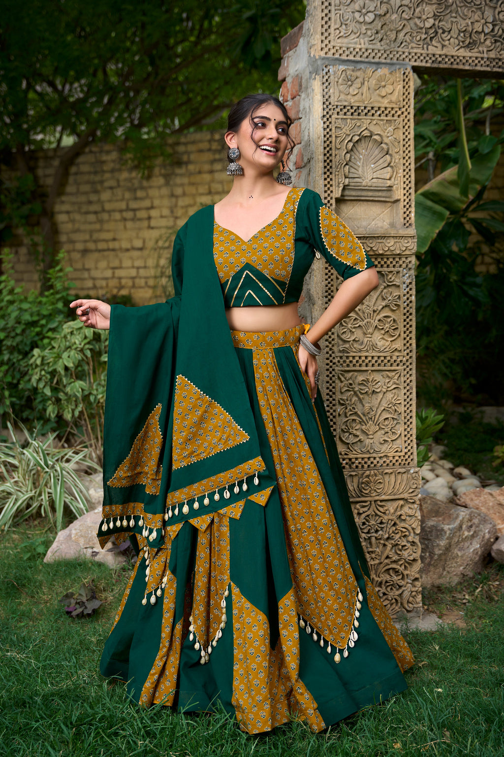 Lorenvalley Green Pure Cotton Plain And Printed With Cowrie (Kodi) Lace Touch Up Lehenga Choli with Dupatta | Grocsy