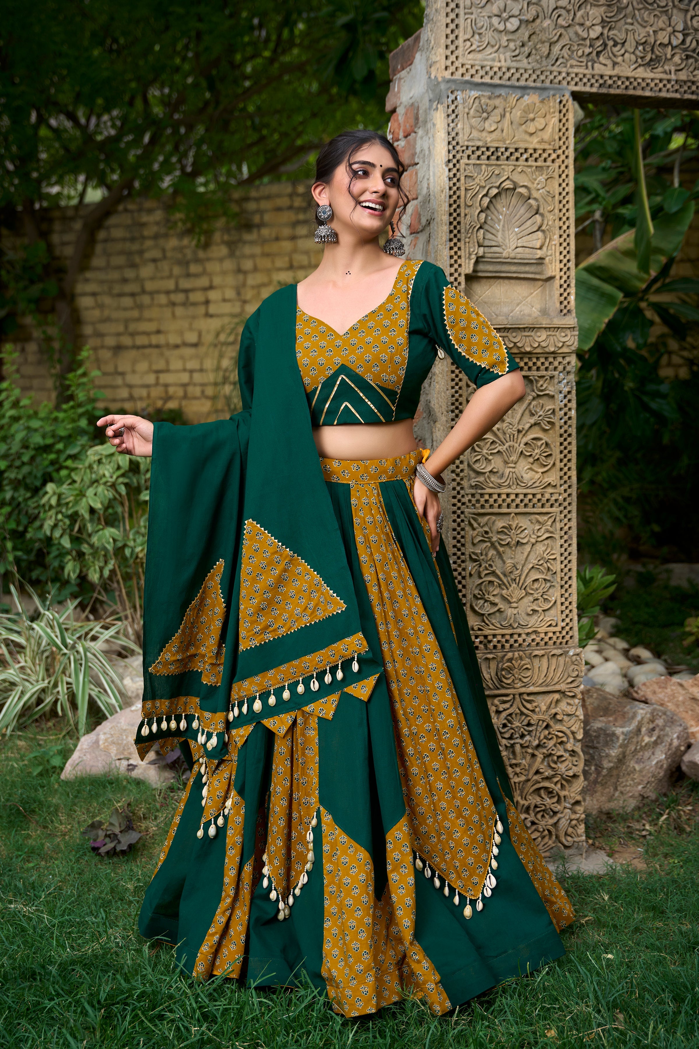 Lorenvalley Green Pure Cotton Plain And Printed With Cowrie (Kodi) Lace Touch Up Lehenga Choli with Dupatta | Grocsy