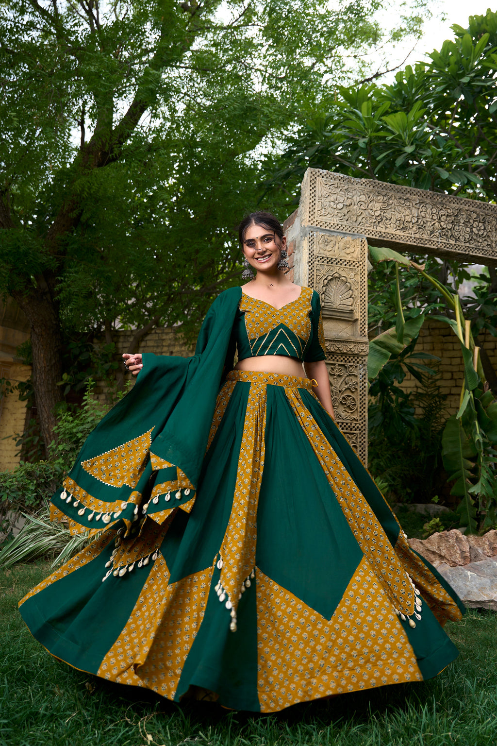 Lorenvalley Green Pure Cotton Plain And Printed With Cowrie (Kodi) Lace Touch Up Lehenga Choli with Dupatta | Grocsy