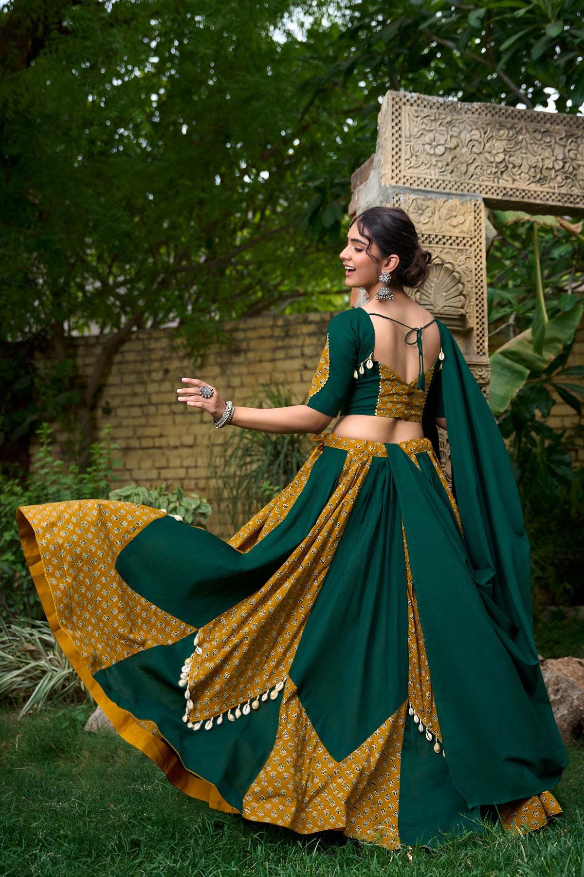 Lorenvalley Green Pure Cotton Plain And Printed With Cowrie (Kodi) Lace Touch Up Lehenga Choli with Dupatta | Grocsy