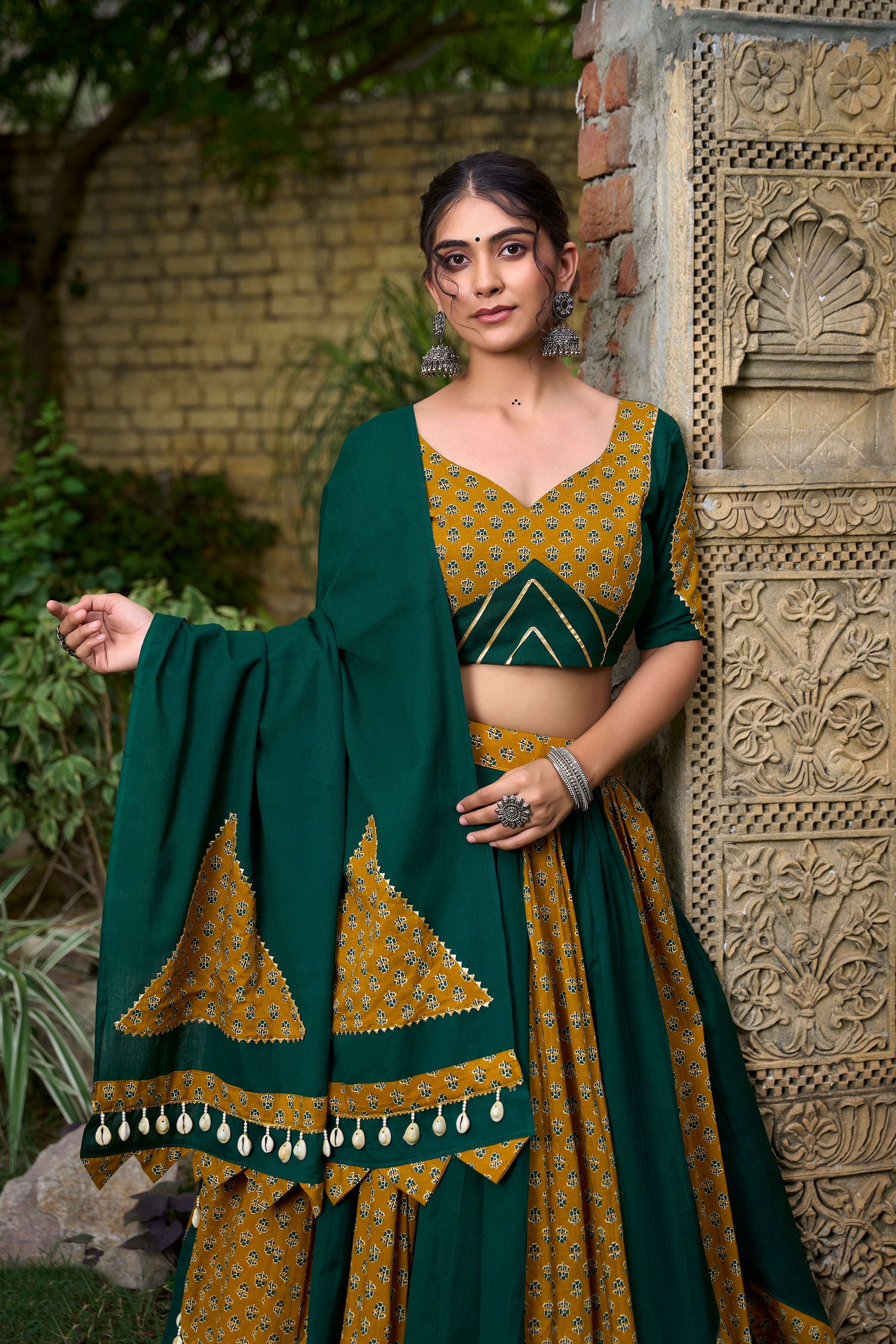 Lorenvalley Green Pure Cotton Plain And Printed With Cowrie (Kodi) Lace Touch Up Lehenga Choli with Dupatta | Grocsy