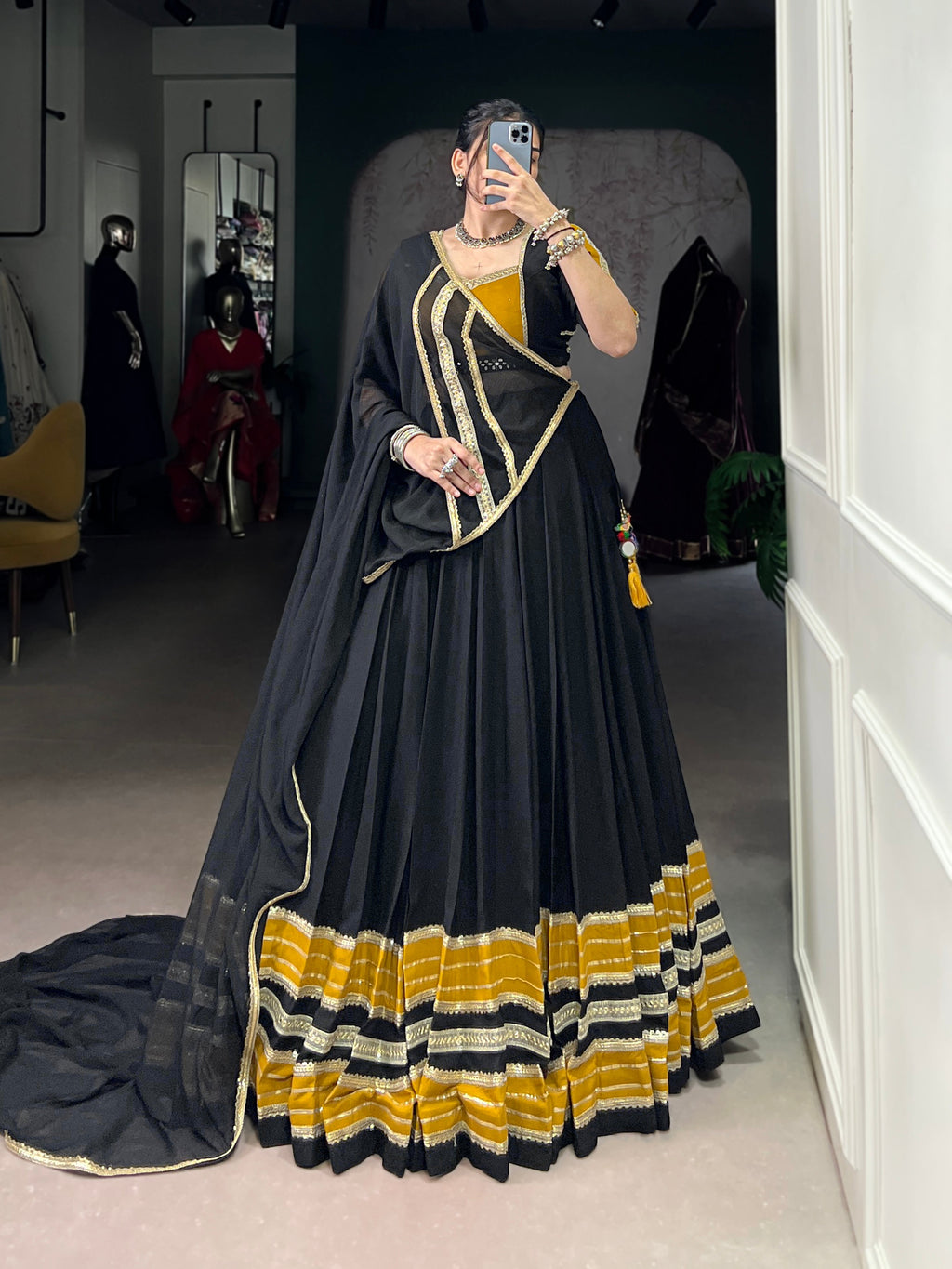 Lorenvalley Fashion Black Pure Rayon Sequins Lace With Gota Patti Lace Touch Up Lehenga Choli with Dupatta | Grocsy