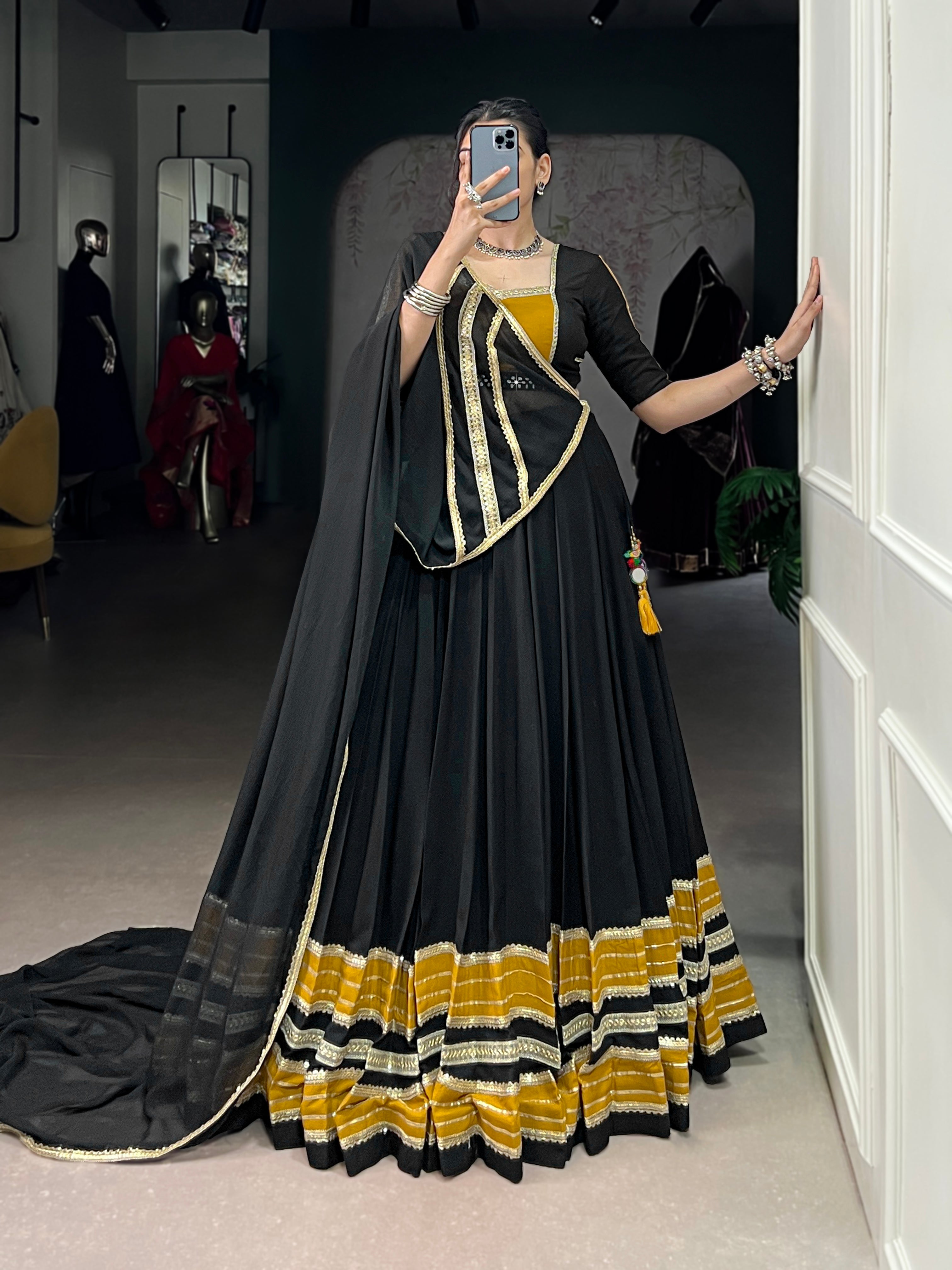 Lorenvalley Fashion Black Pure Rayon Sequins Lace With Gota Patti Lace Touch Up Lehenga Choli with Dupatta | Grocsy