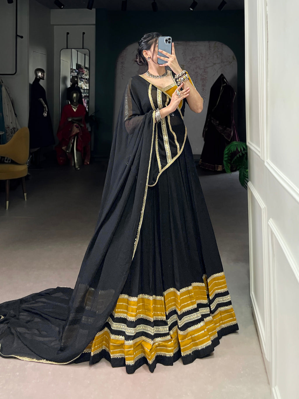 Lorenvalley Fashion Black Pure Rayon Sequins Lace With Gota Patti Lace Touch Up Lehenga Choli with Dupatta | Grocsy