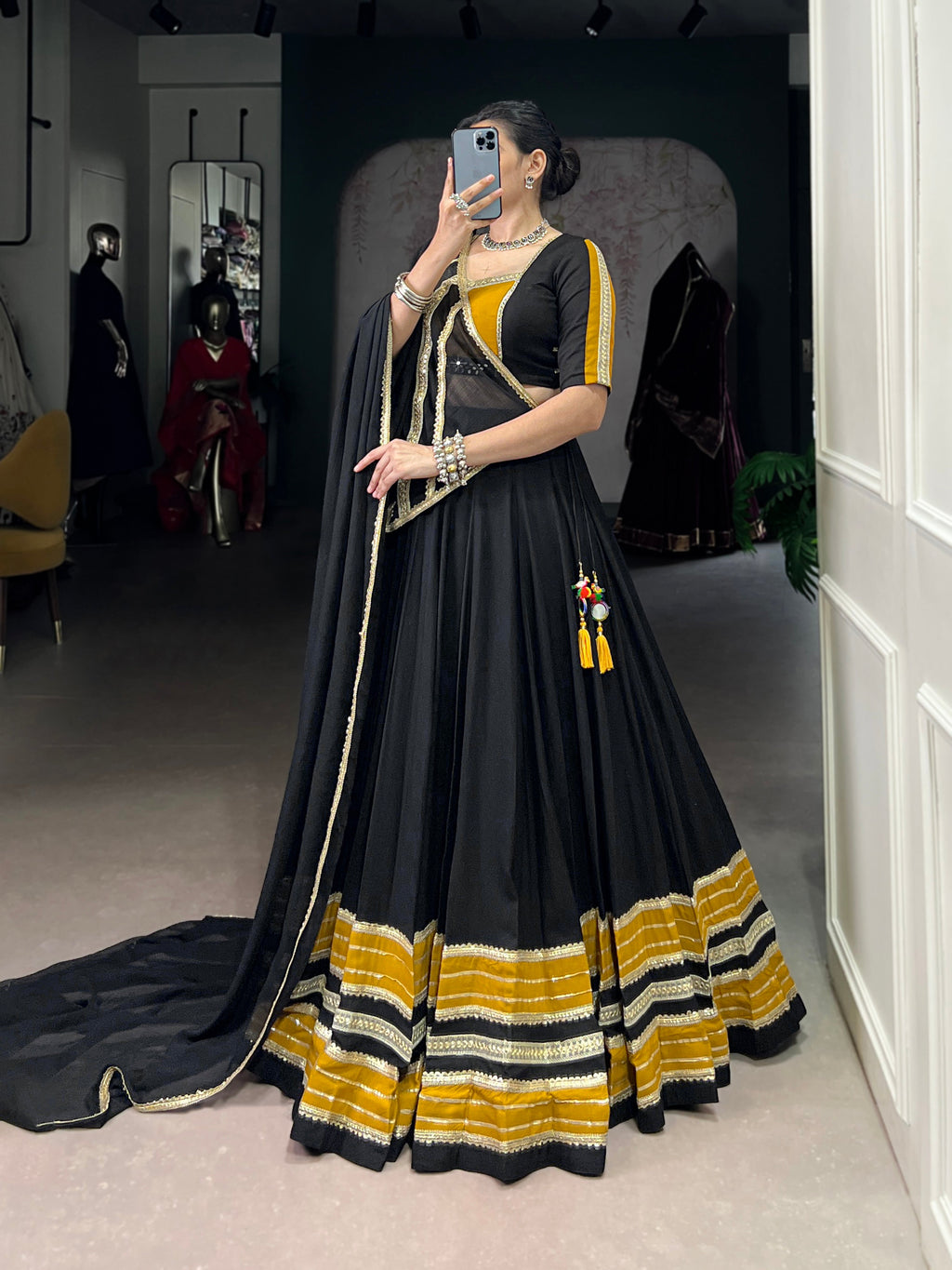 Lorenvalley Fashion Black Pure Rayon Sequins Lace With Gota Patti Lace Touch Up Lehenga Choli with Dupatta | Grocsy