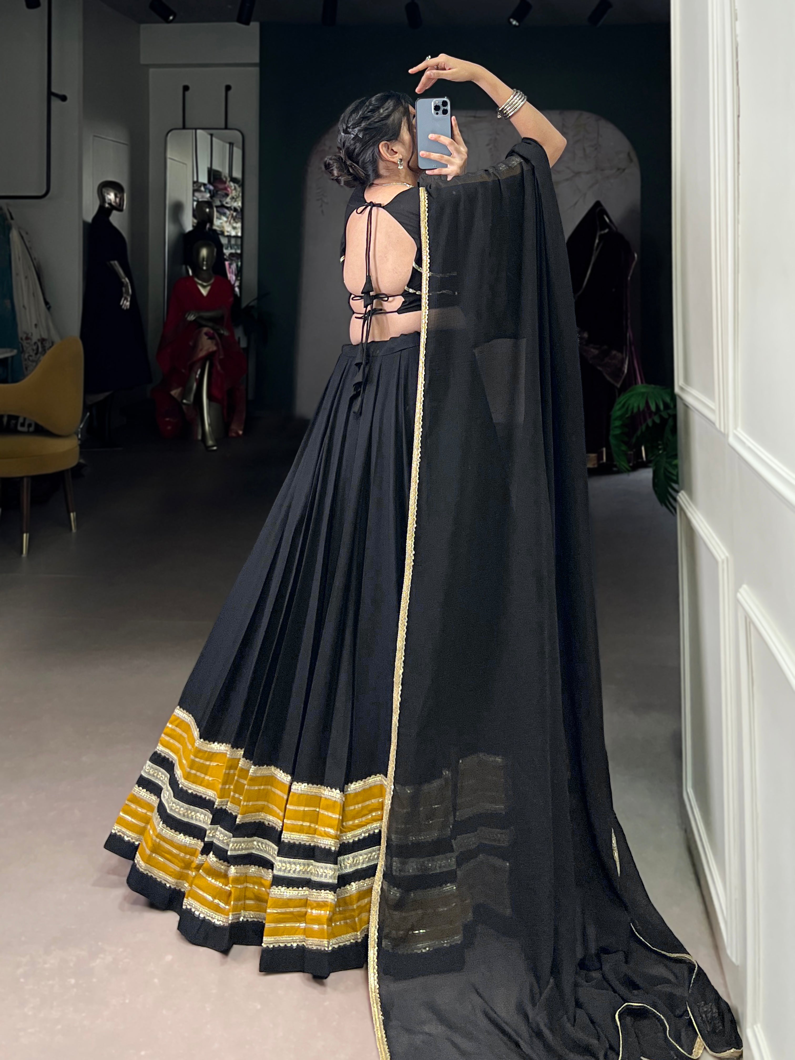 Lorenvalley Fashion Black Pure Rayon Sequins Lace With Gota Patti Lace Touch Up Lehenga Choli with Dupatta | Grocsy