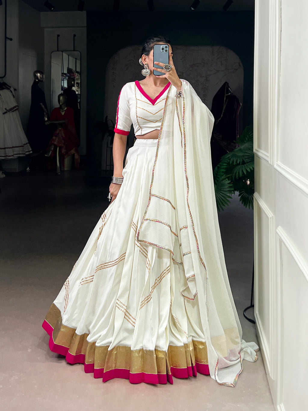 Lorenvalley Fashion White Pure Rayon Embossed Design With Gota Patti Lace Touch Up Lehenga Choli with Dupatta | Grocsy