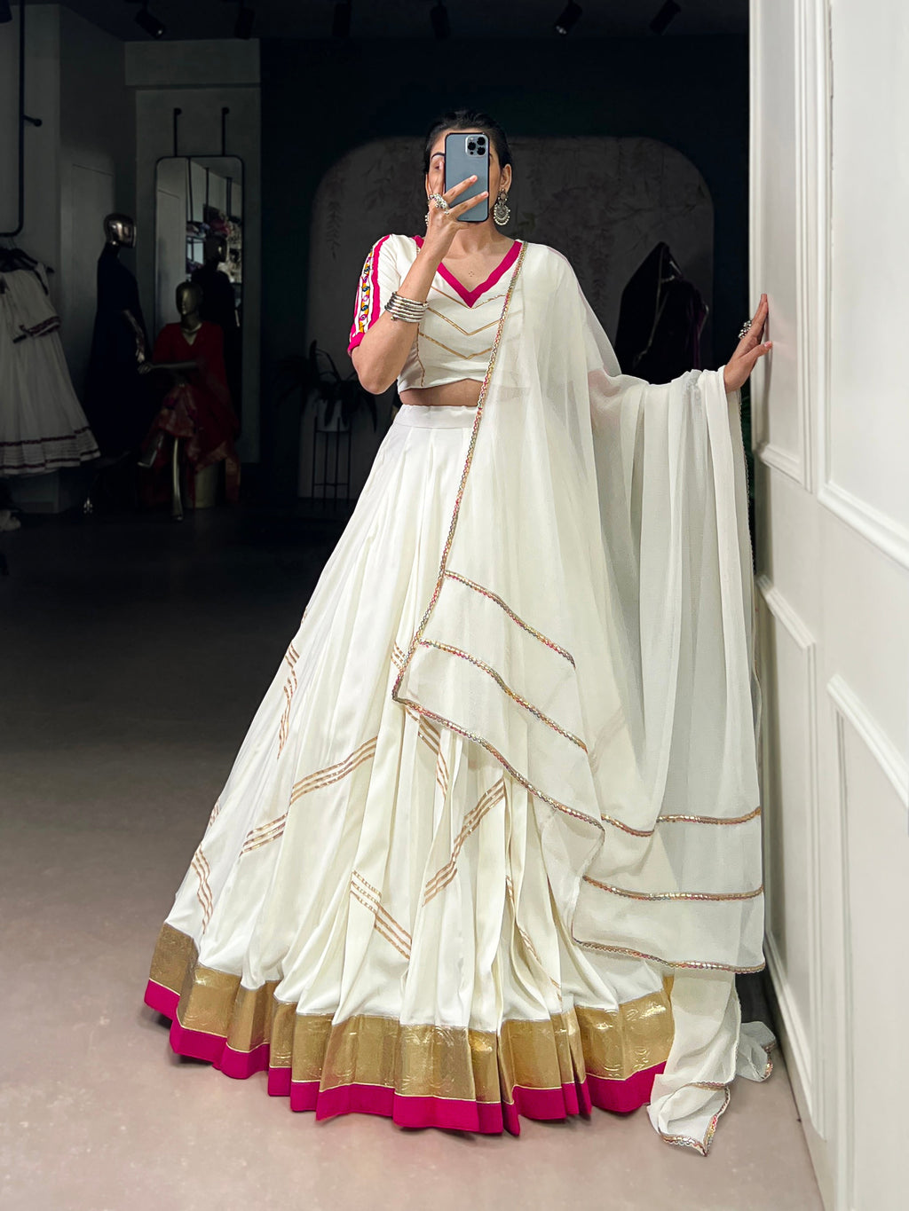 Lorenvalley Fashion White Pure Rayon Embossed Design With Gota Patti Lace Touch Up Lehenga Choli with Dupatta | Grocsy