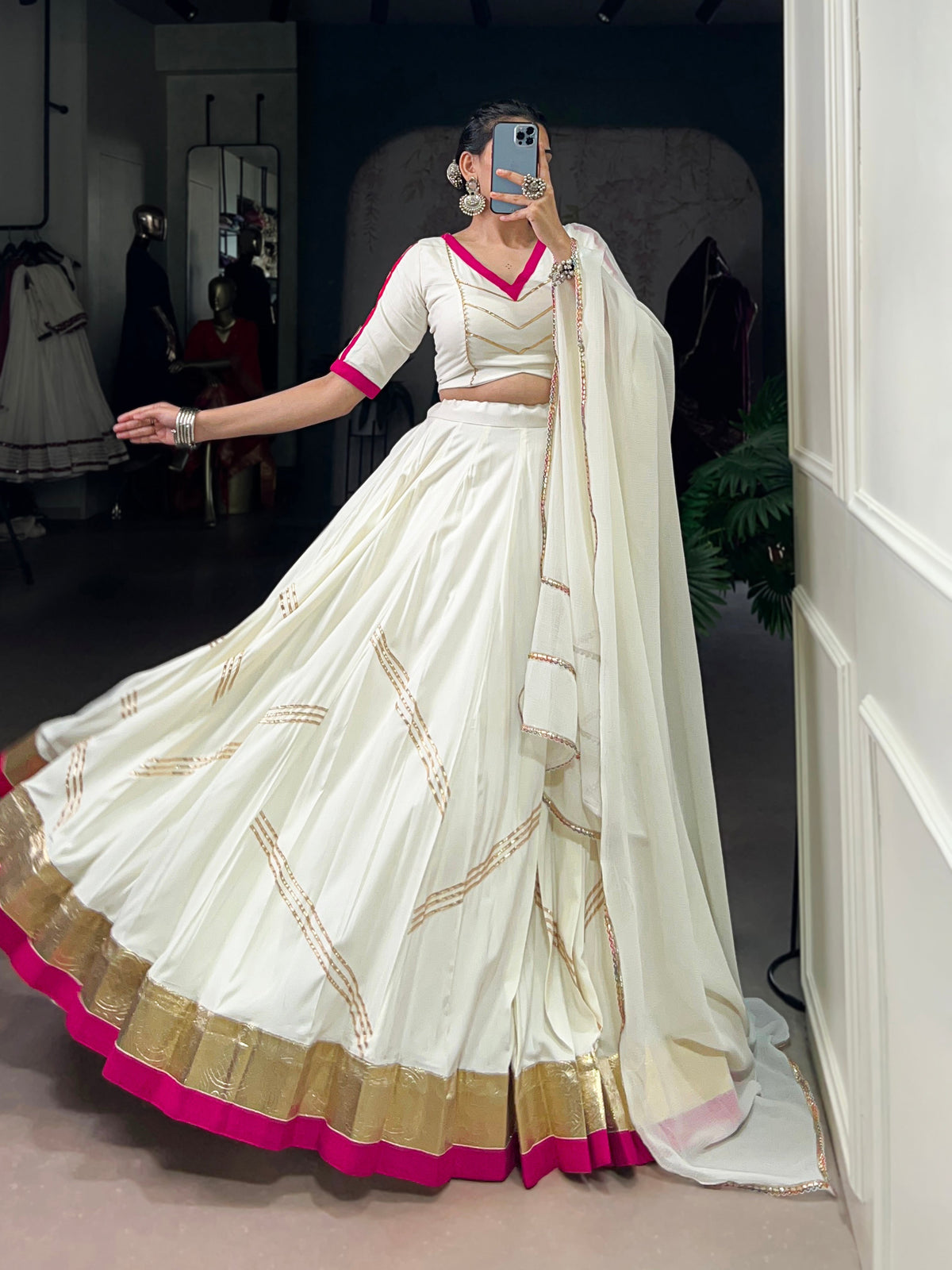 Lorenvalley Fashion White Pure Rayon Embossed Design With Gota Patti Lace Touch Up Lehenga Choli with Dupatta | Grocsy