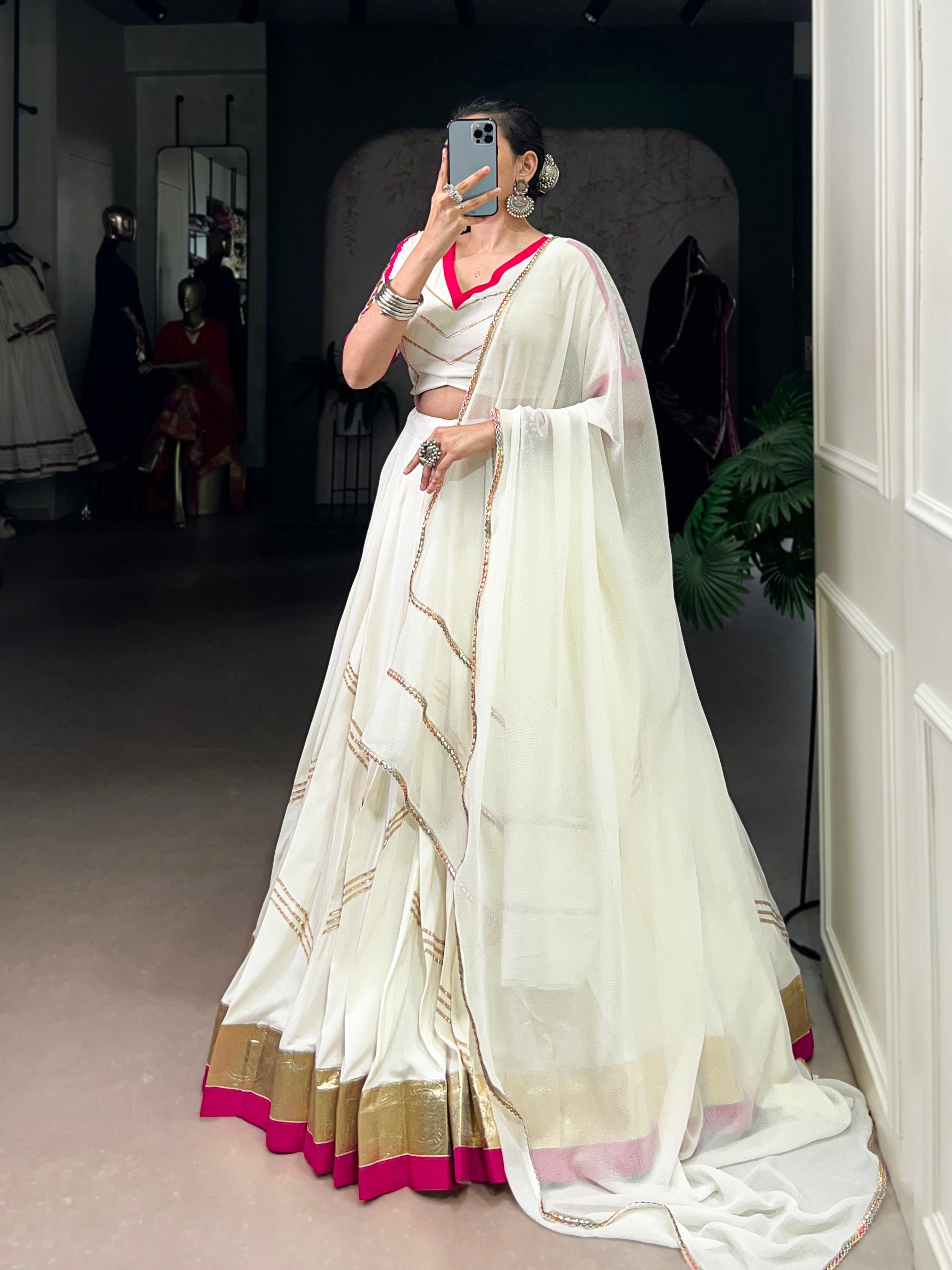 Lorenvalley Fashion White Pure Rayon Embossed Design With Gota Patti Lace Touch Up Lehenga Choli with Dupatta | Grocsy