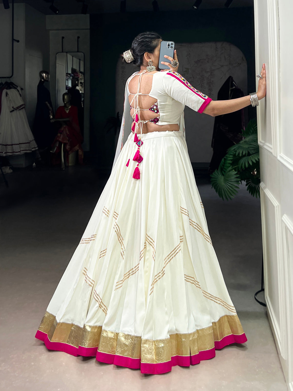 Lorenvalley Fashion White Pure Rayon Embossed Design With Gota Patti Lace Touch Up Lehenga Choli with Dupatta | Grocsy