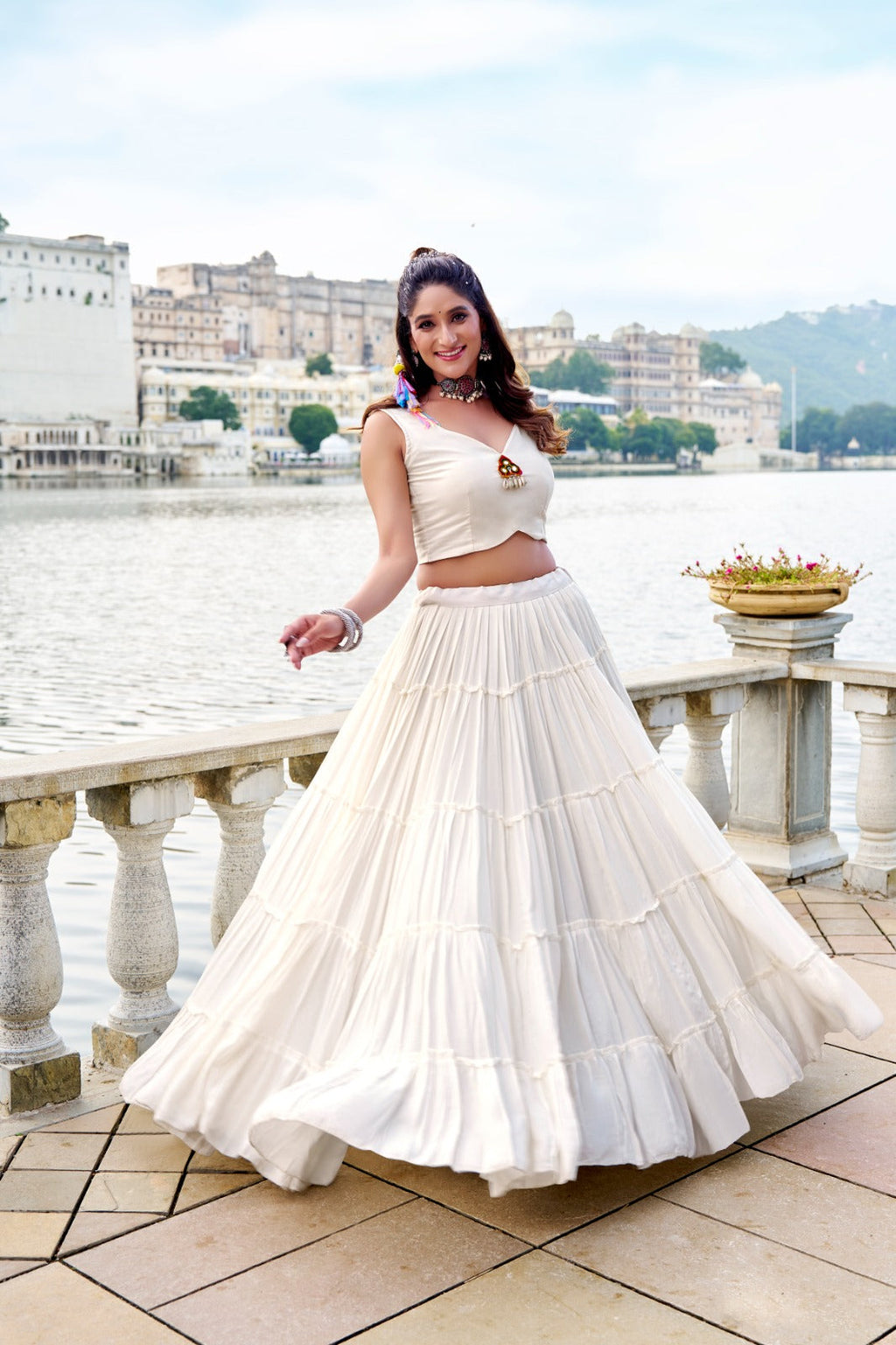 Lorenvalley Fashion White Pure Rayon Plain Frill Lehenga Choli with Koti | Grocsy