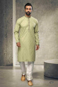Raivat Ethnic Cotton Printed Work Kurta Pajama In Light Green Colour | Grocsy