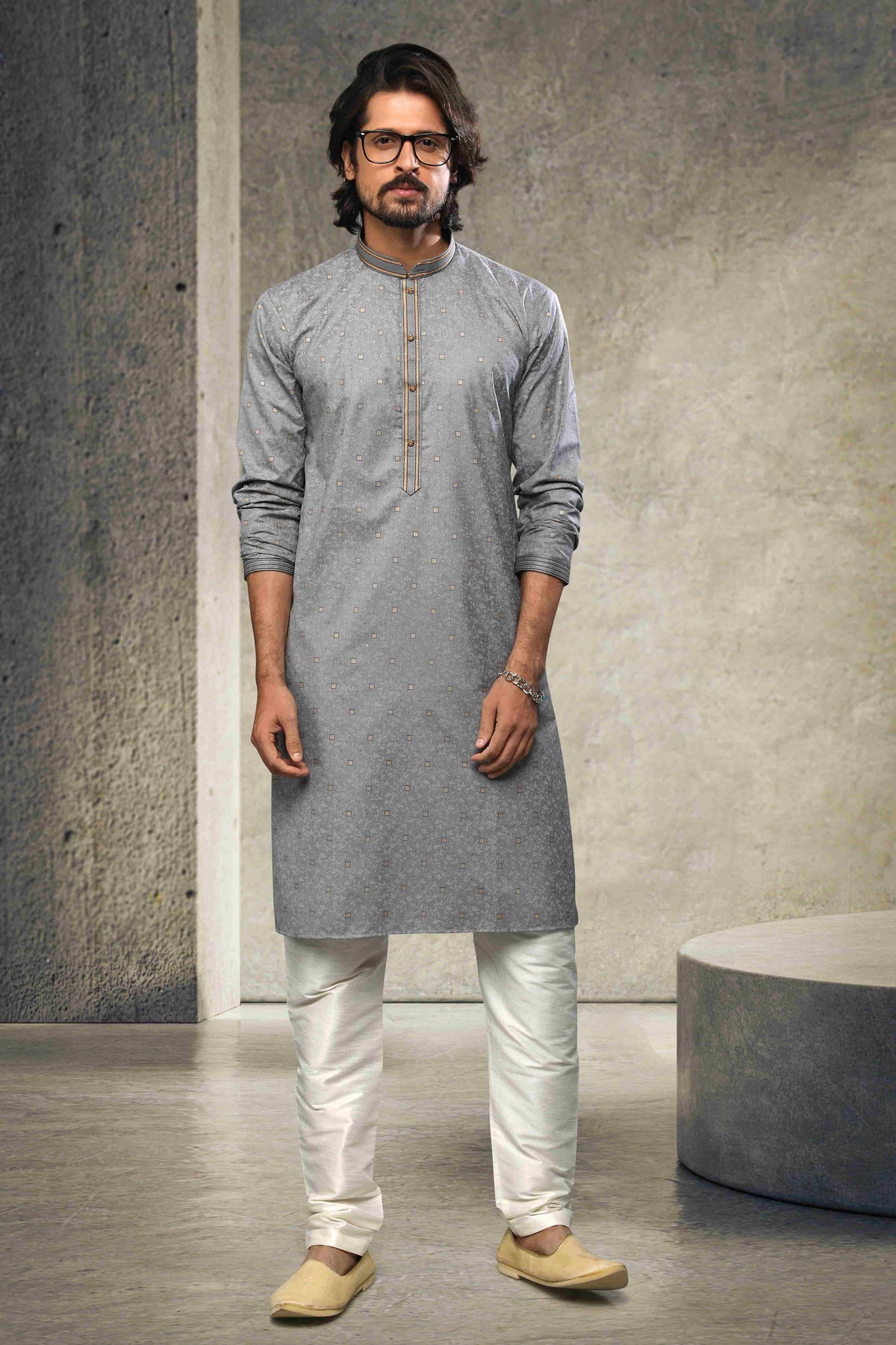 Raivat Ethnic Cotton Printed Work Kurta Pajama In Grey Colour | Grocsy