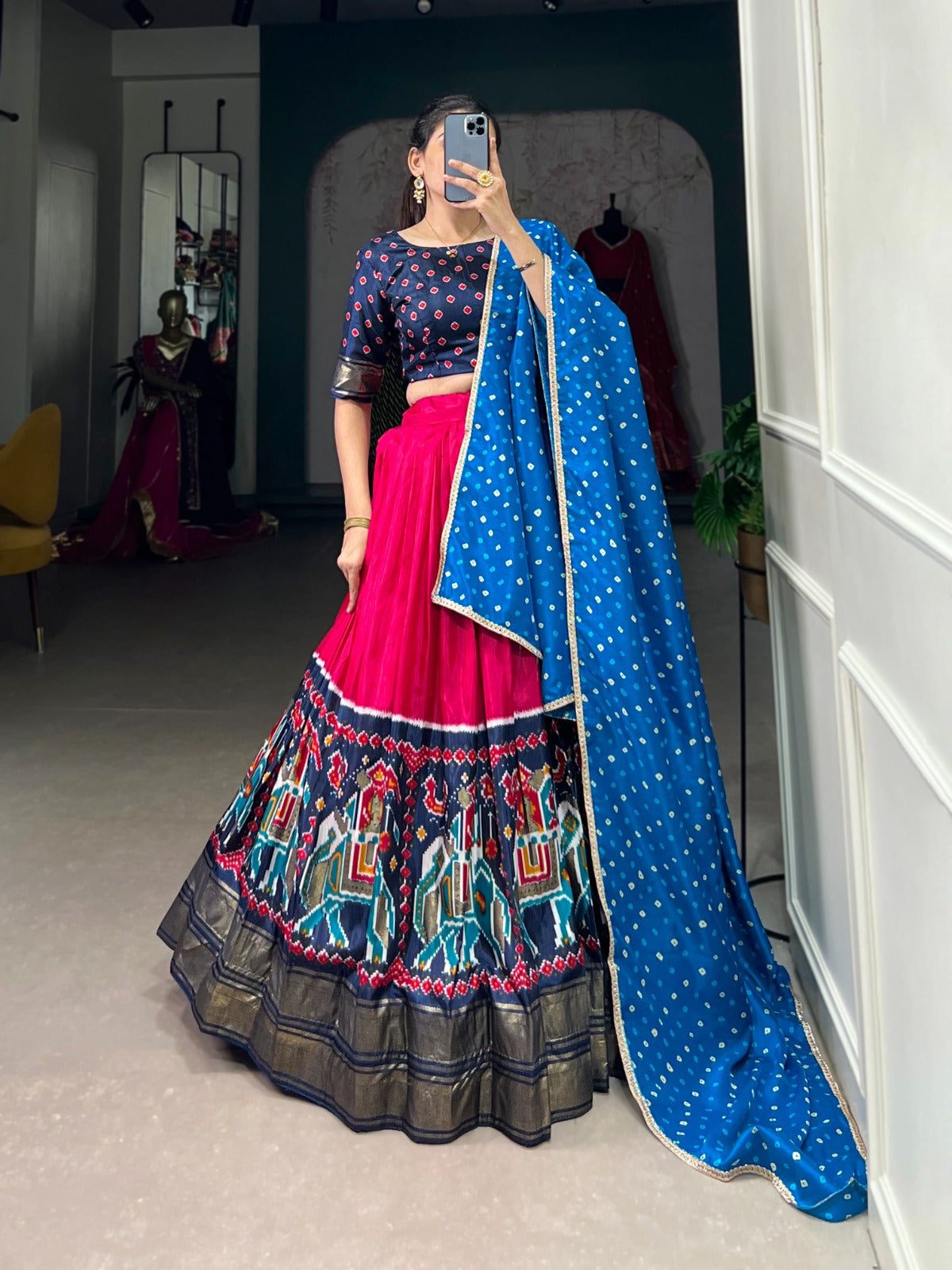 Lorenvalley Pink Dola Silk Patola Print and foil work Lehenga Choli with Dupatta | Grocsy