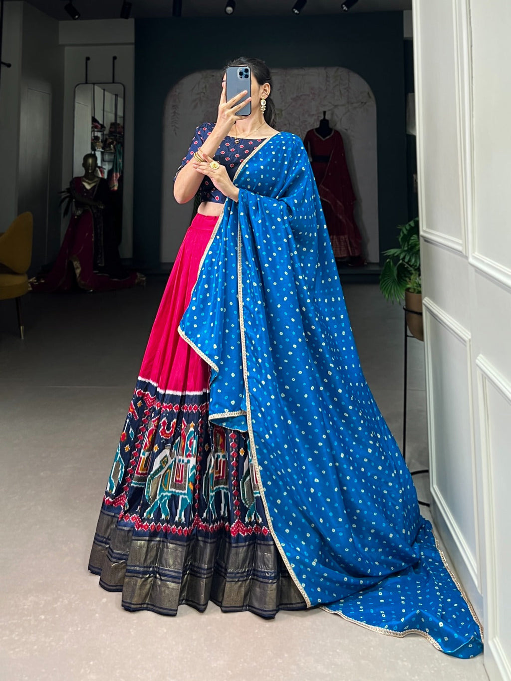 Lorenvalley Pink Dola Silk Patola Print and foil work Lehenga Choli with Dupatta | Grocsy