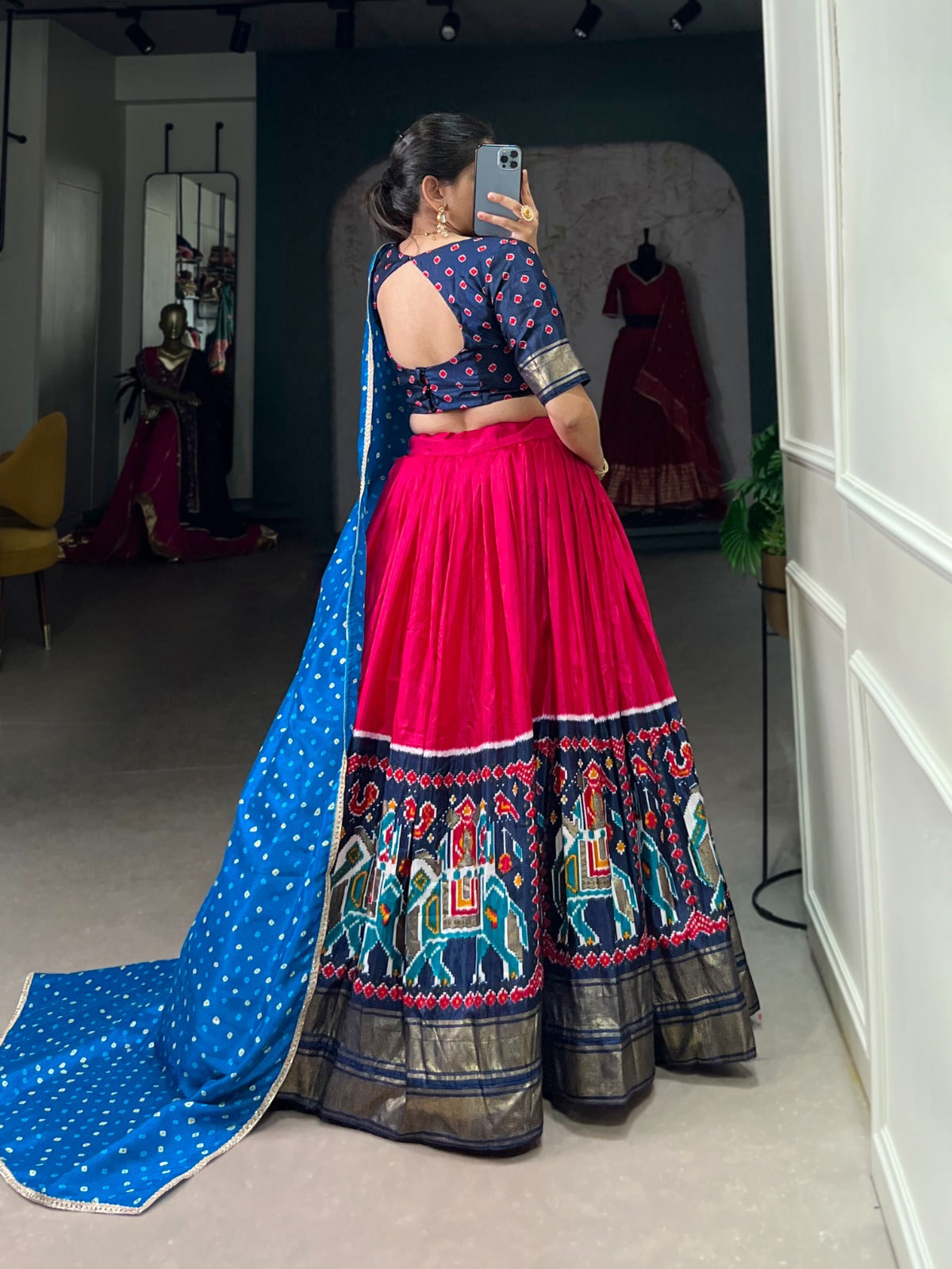 Lorenvalley Pink Dola Silk Patola Print and foil work Lehenga Choli with Dupatta | Grocsy