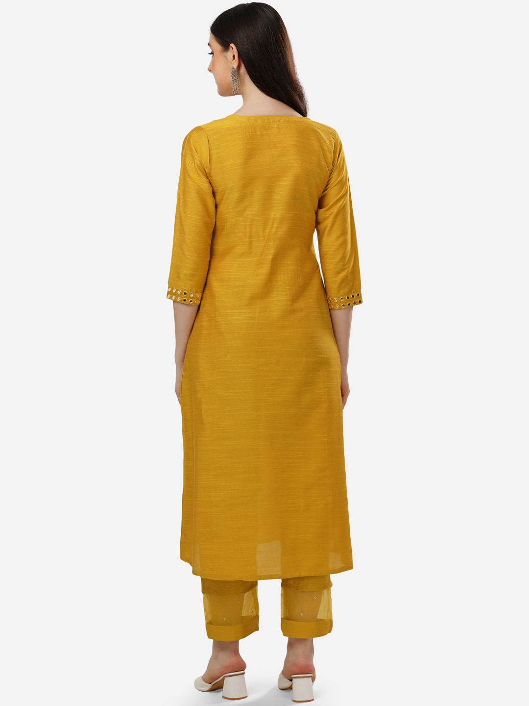 HERE&NOW Women Mustard Yellow Embroidered Panelled Mirror Work Kurta with Trousers | Grocsy