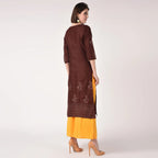 Cheera Hand Block print straight Kurta with Palazzo In Brown & Mustard Colors | Grocsy