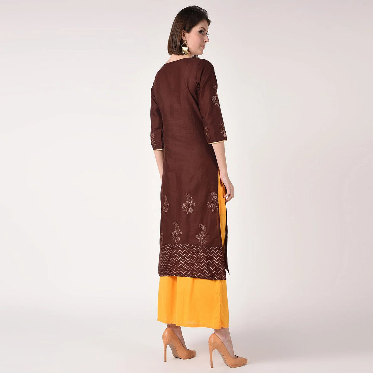 Cheera Hand Block print straight Kurta with Palazzo In Brown & Mustard Colors | Grocsy