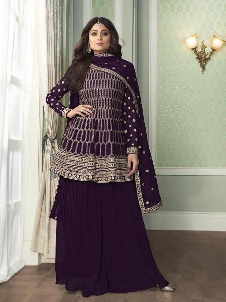 Myra Purple Georgette Embroidered Palazzo Suit | Grocsy