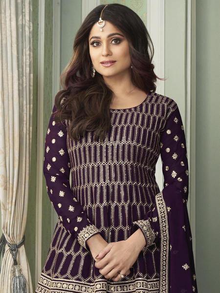 Myra Purple Georgette Embroidered Palazzo Suit | Grocsy