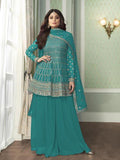Myra Sea Blue Georgette Embroidered Palazzo Suit | Grocsy