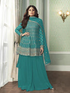 Myra Sea Blue Georgette Embroidered Palazzo Suit | Grocsy
