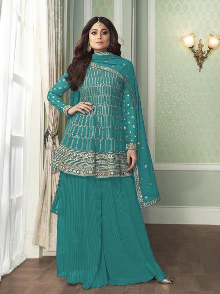 Myra Sea Blue Georgette Embroidered Palazzo Suit | Grocsy
